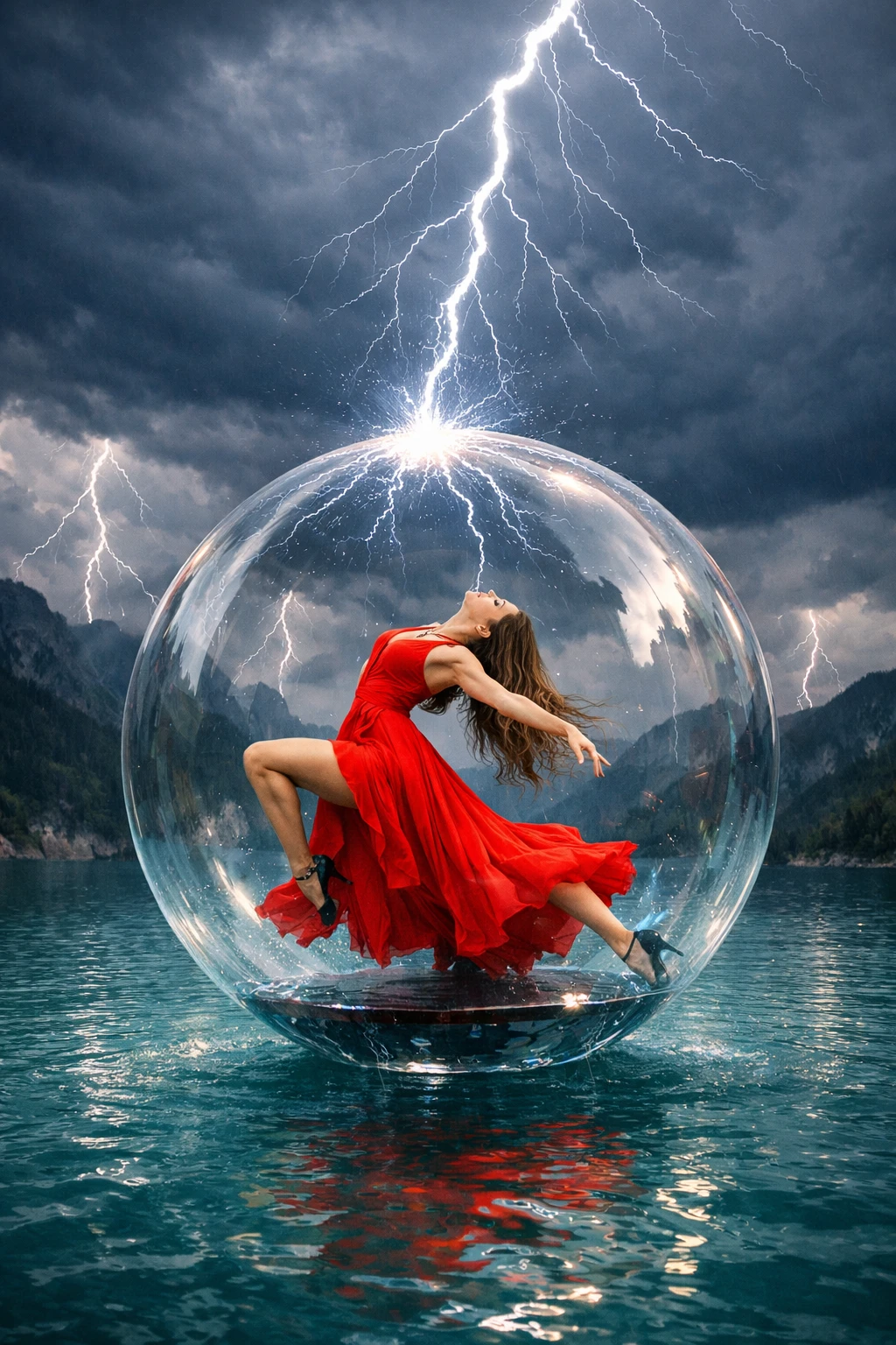 Femme dansant le tango dans une sphère de verre au-dessus d’un lac