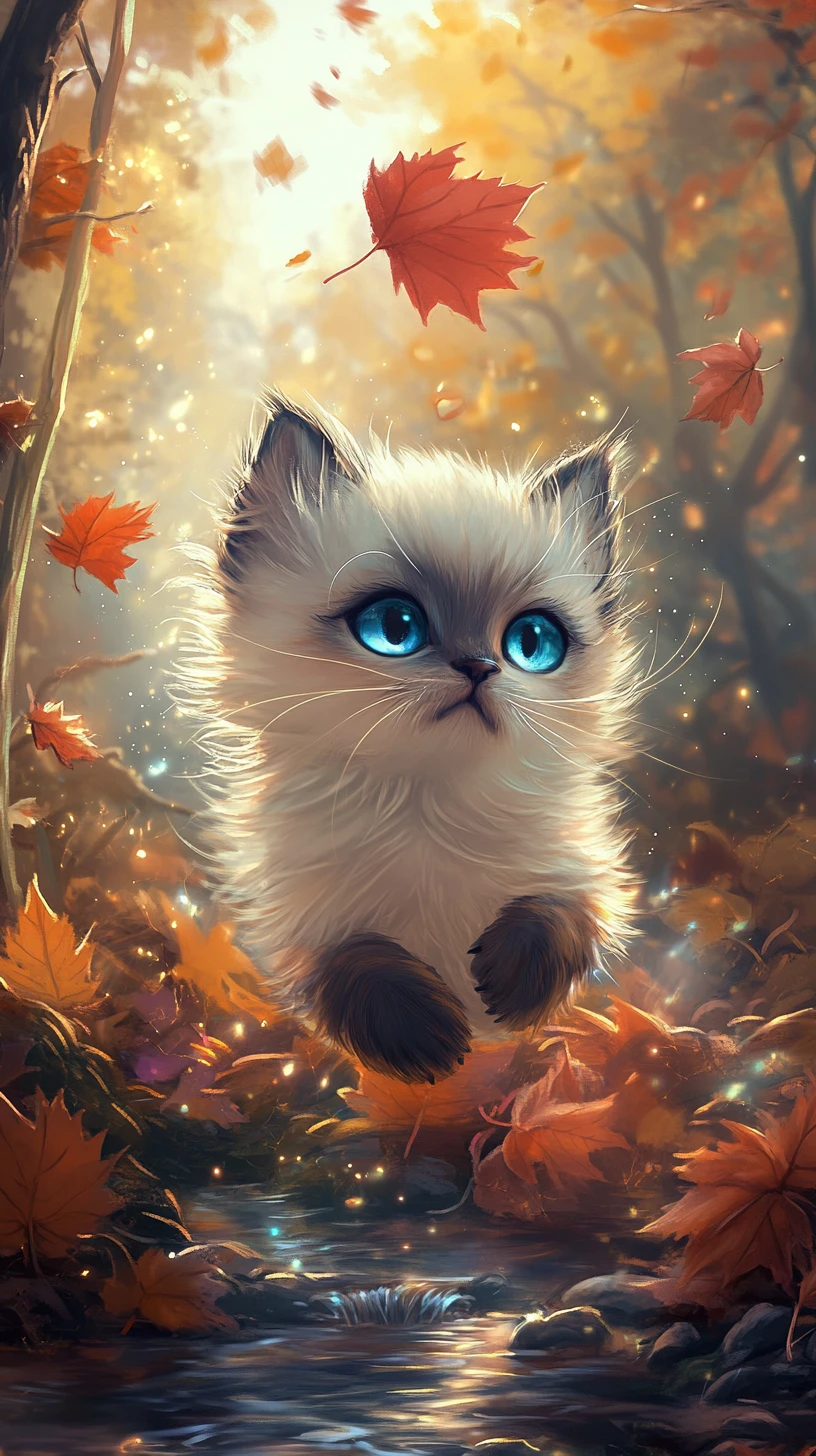 Chibi Siamese kitten playing in magical autumn leaves
