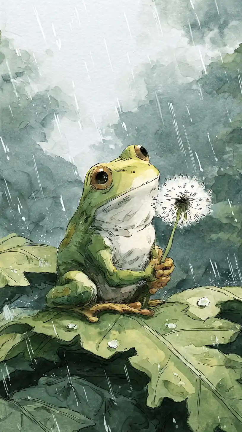Frog With Dandelion On Leaf In Gentle Watercolor Rain