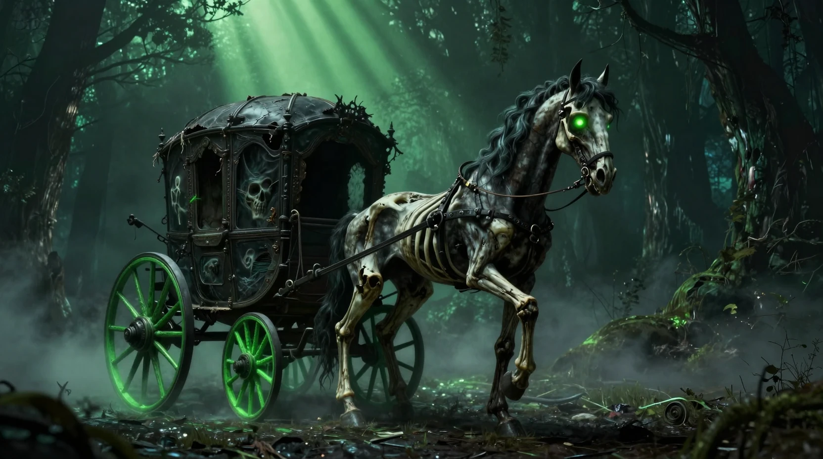Skelettierter untoter Pferdewagen in einem nebligen gotischen Wald