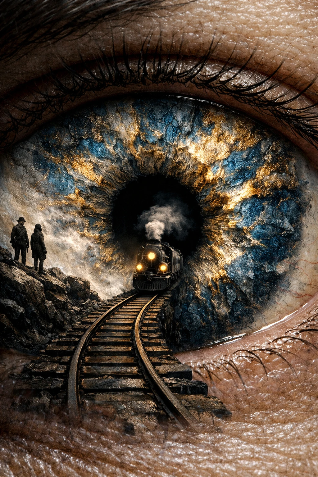 Paisagem surreal de olho em close com trem e figuras