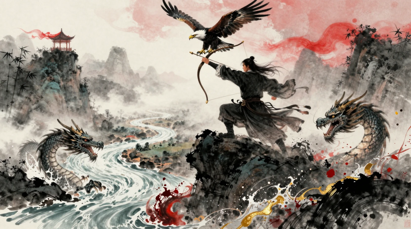 Héros wuxia sur un sommet brumeux bandant son arc