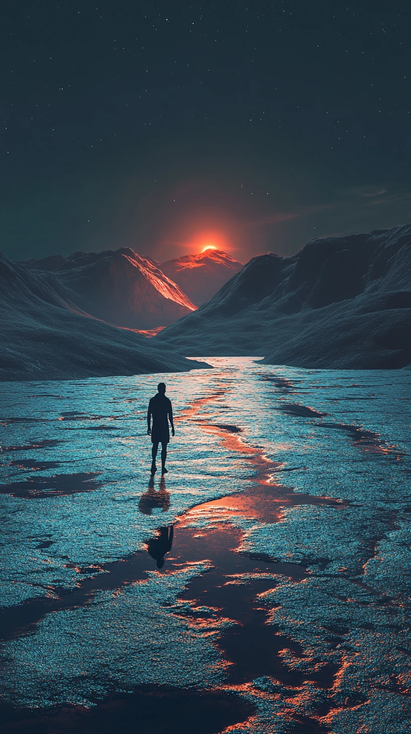 Viaggiatore solitario che tende la mano verso una miraggio sull’orizzonte luminoso del deserto