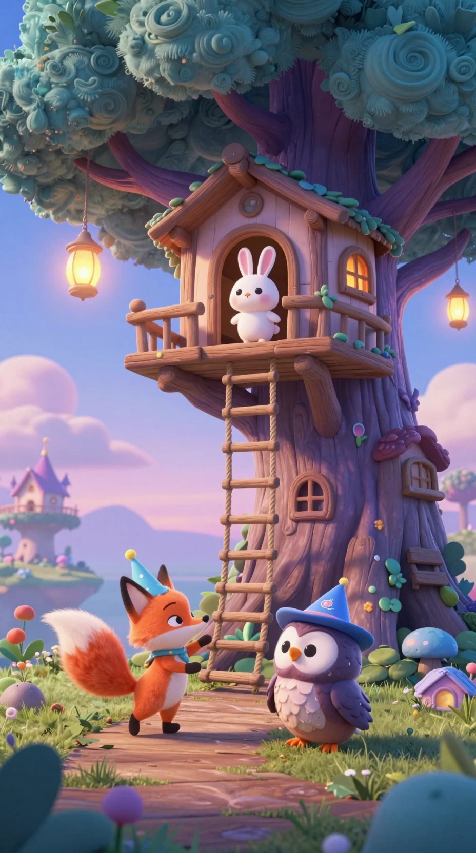 Casa del árbol 3D mágica con animales del bosque juguetones