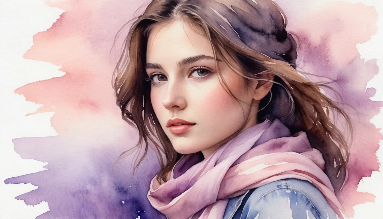 Perfil em aquarela de uma jovem com lenço rosa