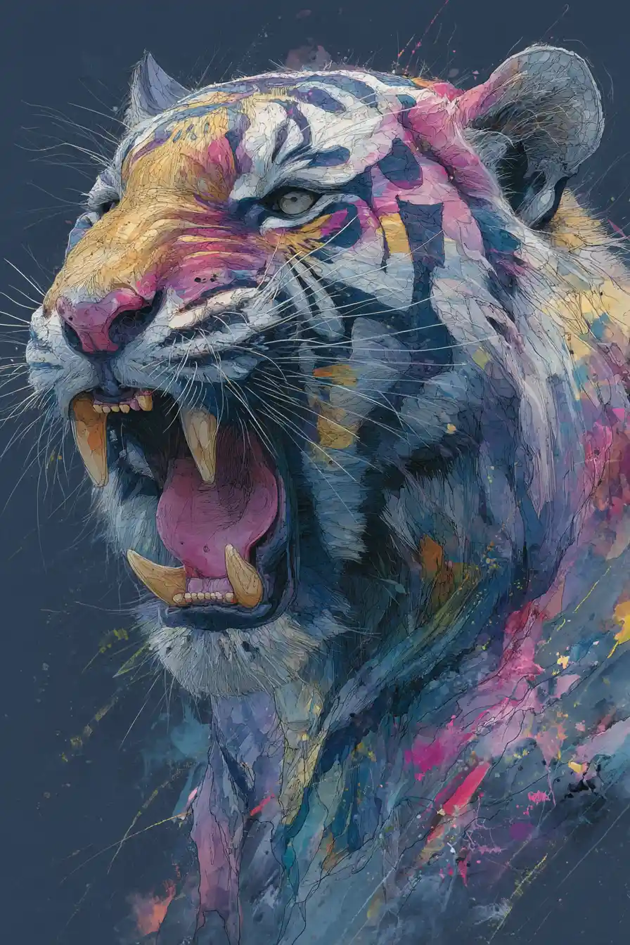 Neon tiger silhouette in expressive mixed media art