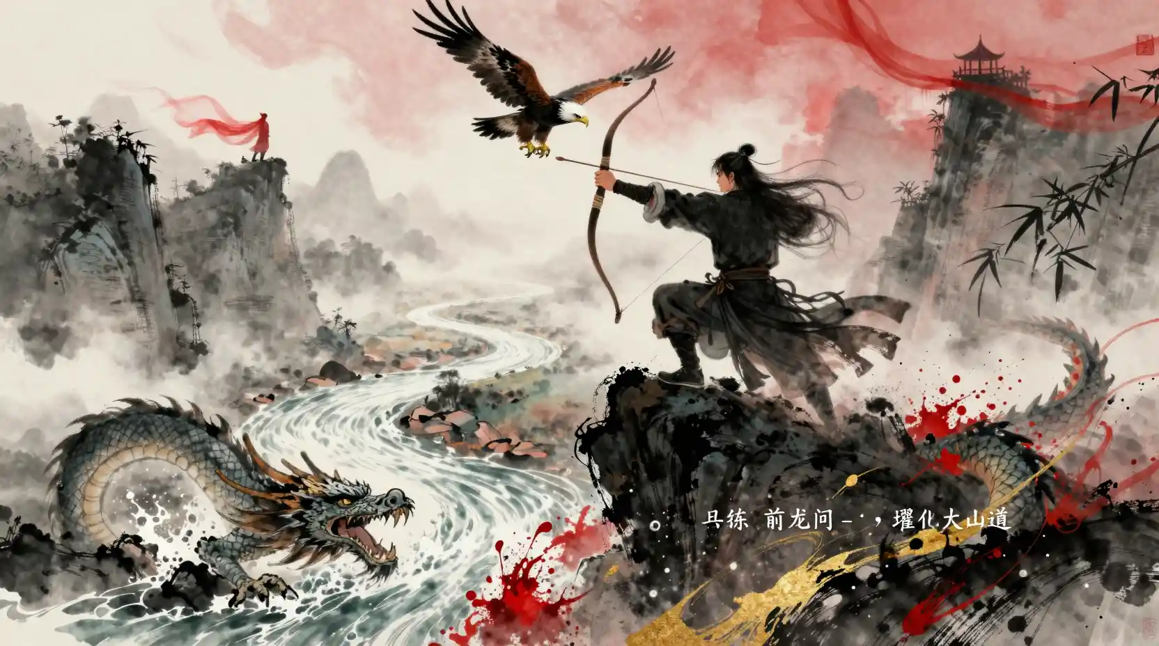 Wuxia hero on mountain peak drawing bow to the sky