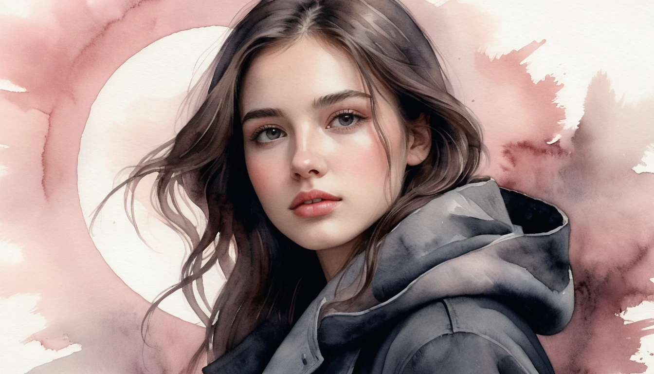 Fille en aquarelle debout dans une horloge géante surréaliste