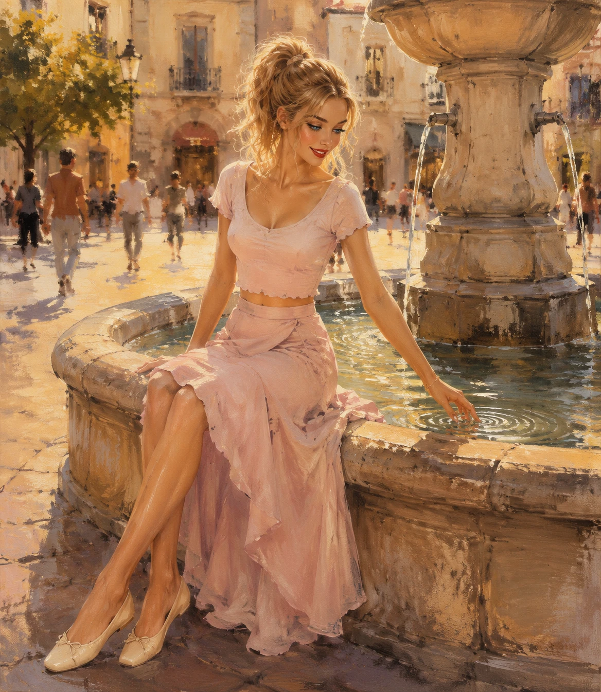 Mulher loira de roupa rosa ao lado de uma fonte de pedra