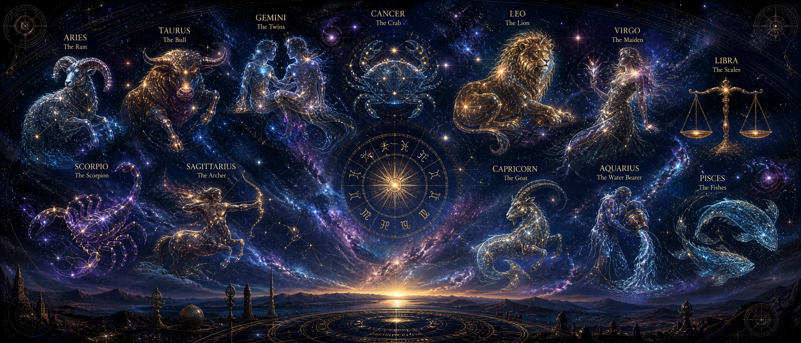 Simboli delle costellazioni zodiacali sparsi nel cielo notturno