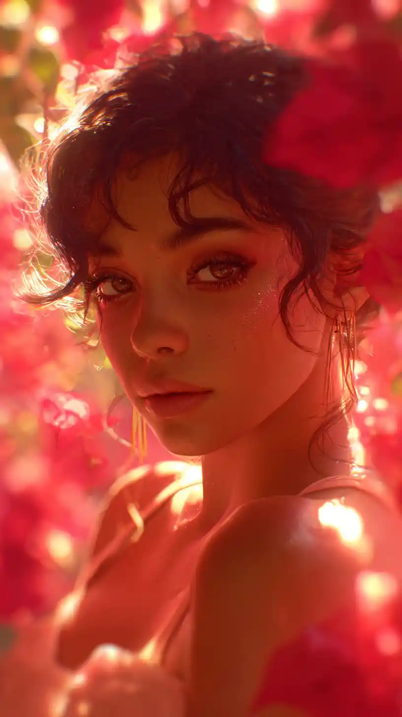 Ethereal portrait of a glowing woman with floral light