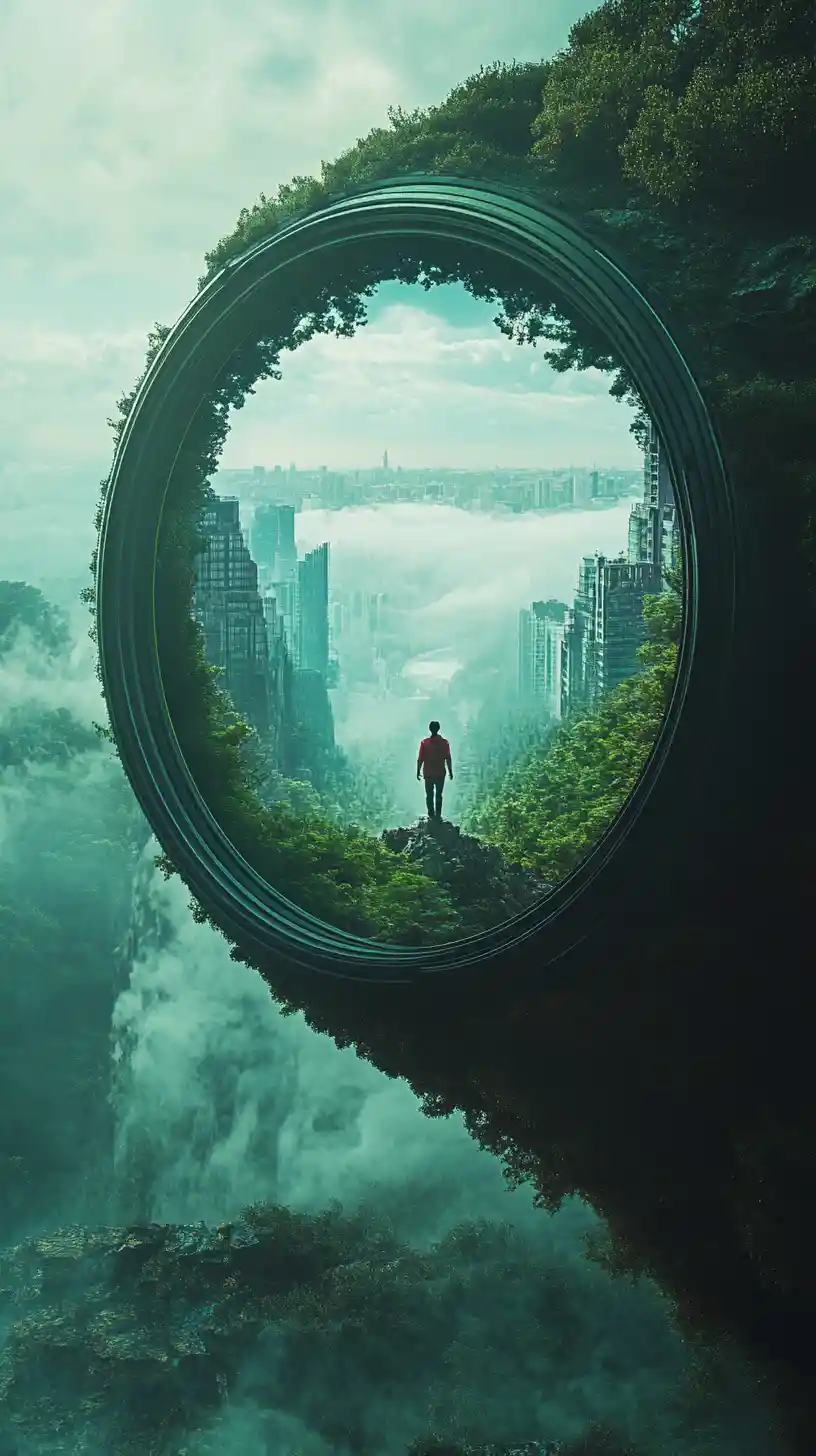 Surreal camera lens portal floating in deep space