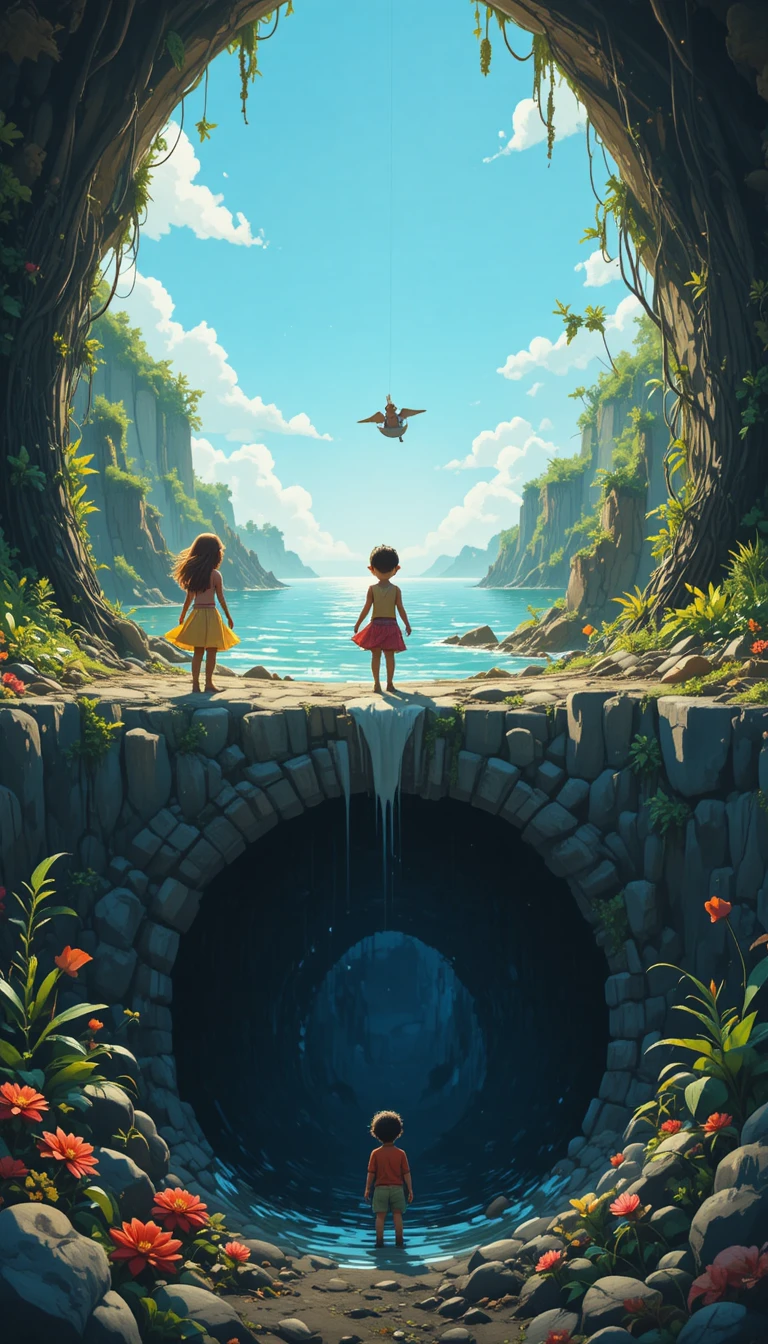 Enfant face à l’obscurité et au mystère dans un monde sous-marin abstrait