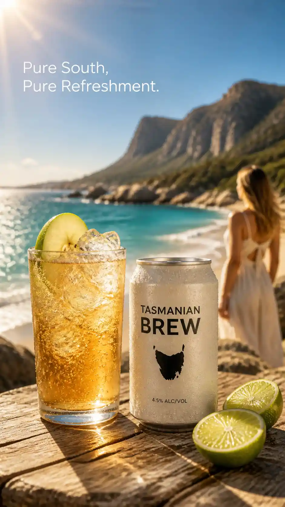 Sidra fría y lata sobre mesa rústica junto a una playa de Tasmania