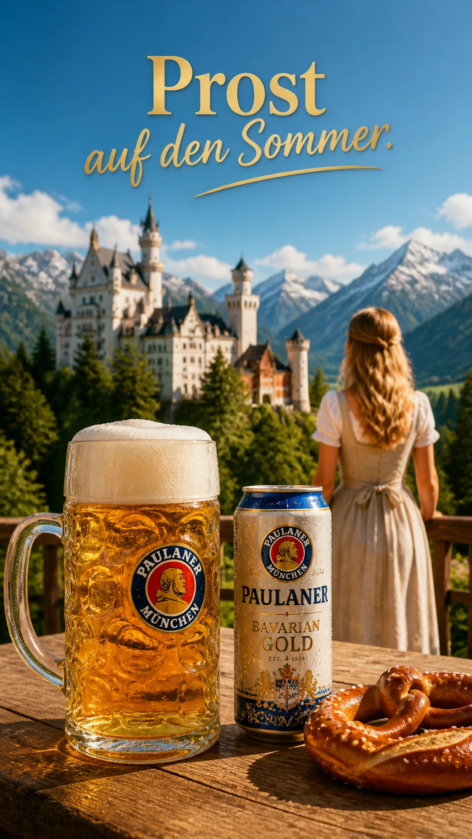 Lager gelada e pretzel em frente a castelo alpino