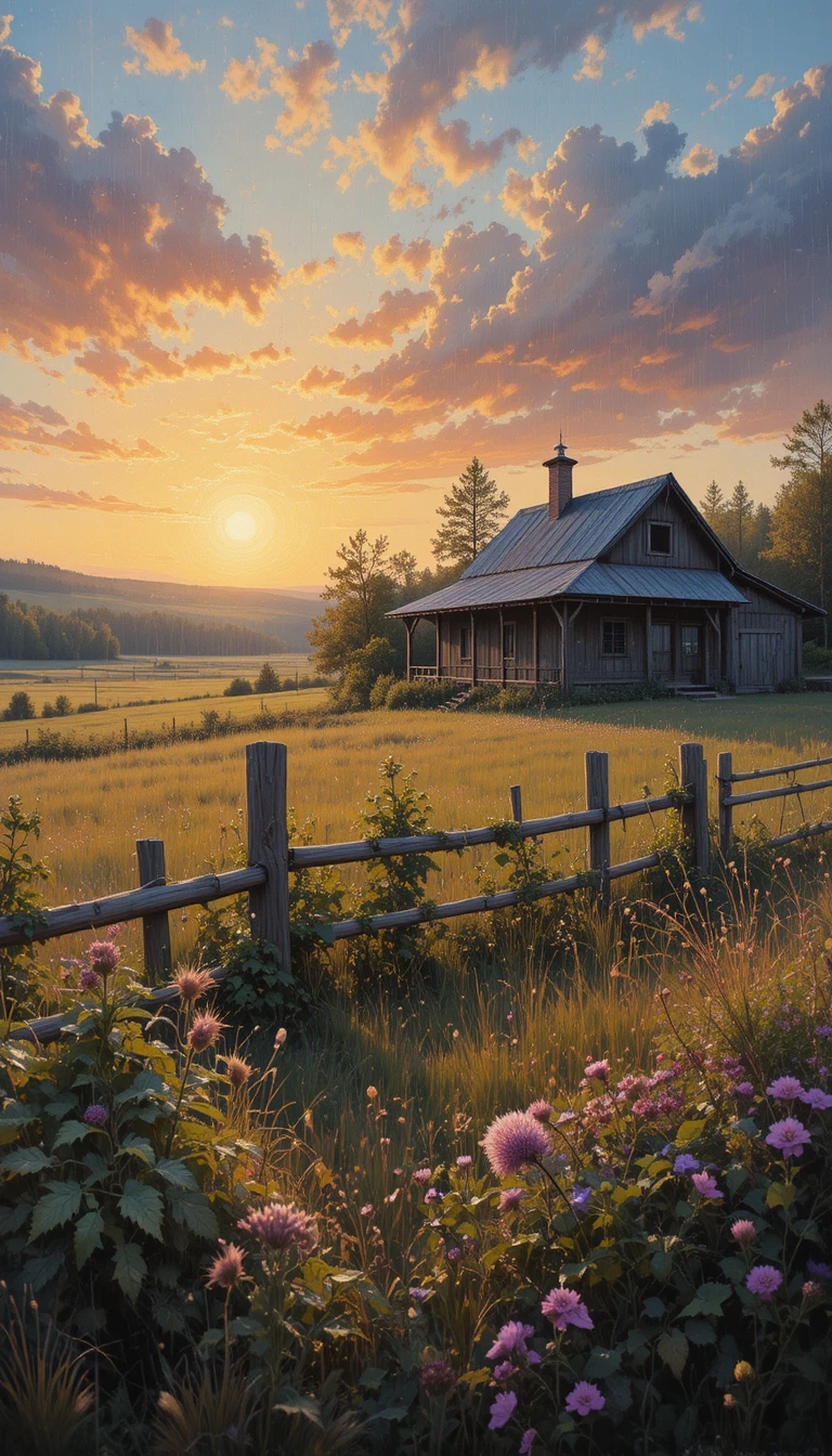Landhauslandschaft bei Sonnenuntergang mit hohem Wildgras