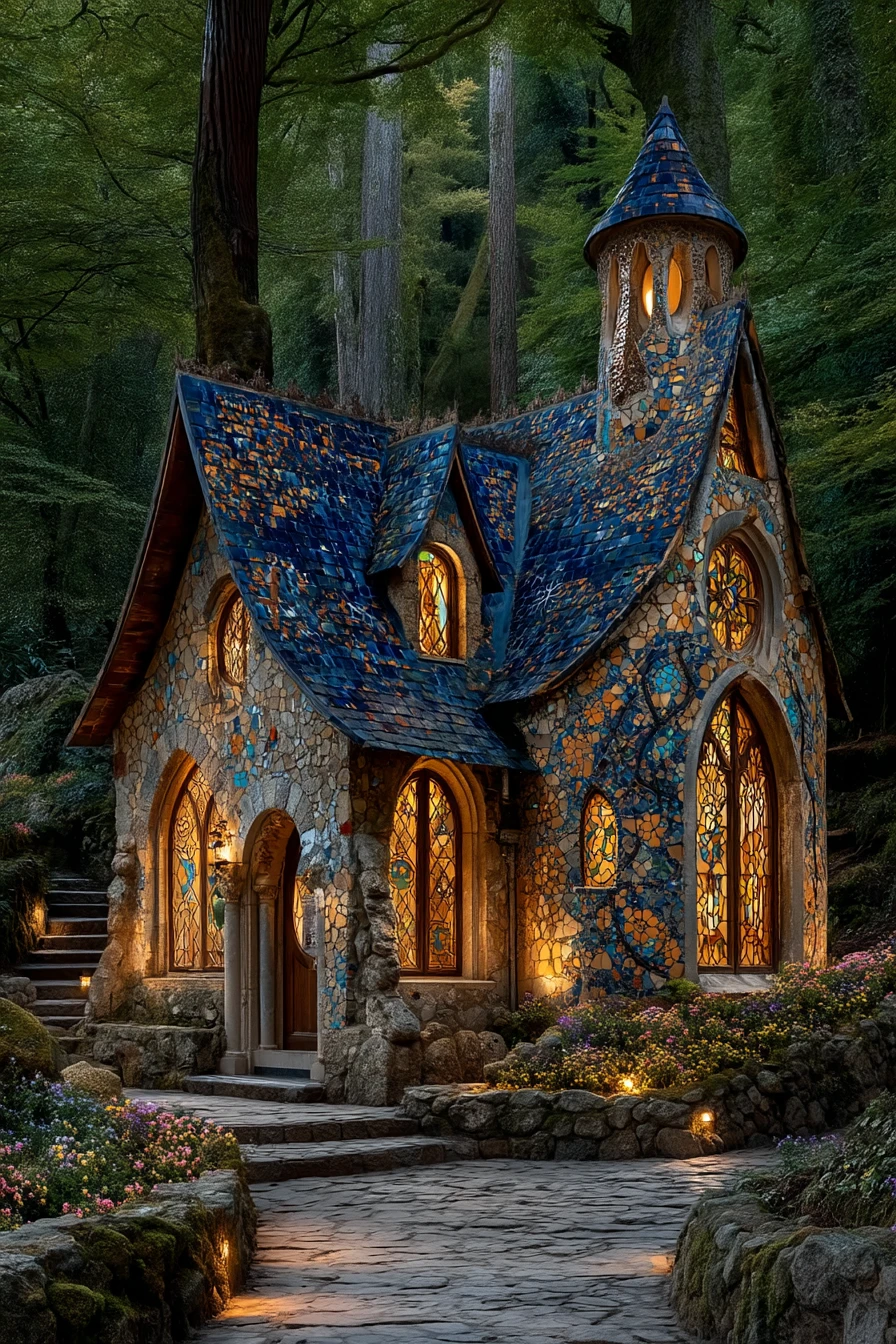 Casa de conto de fadas em mosaico brilhando em uma floresta escura