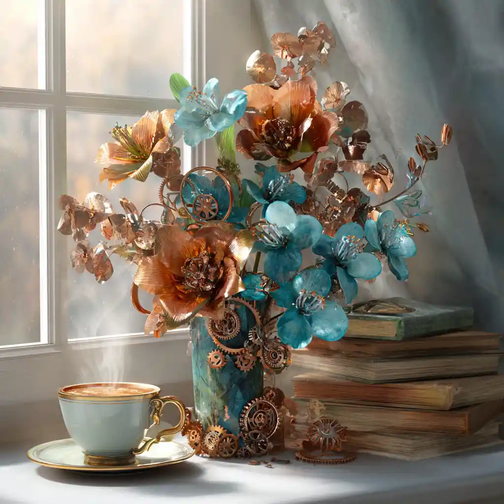 Biglietto di auguri steampunk floreale con libri e caffè