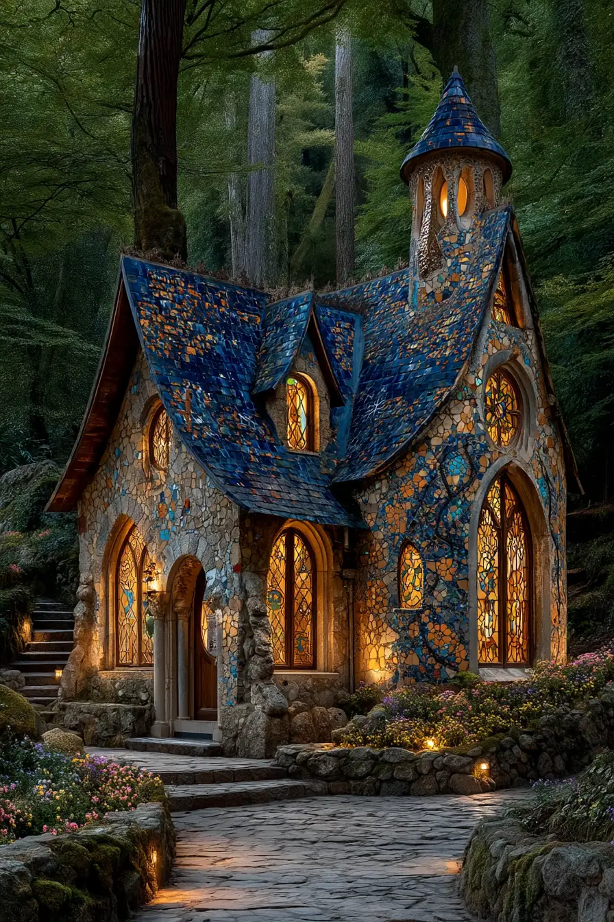 Märchenhafte Mosaik-Hütte, die in einem dunklen Wald leuchtet