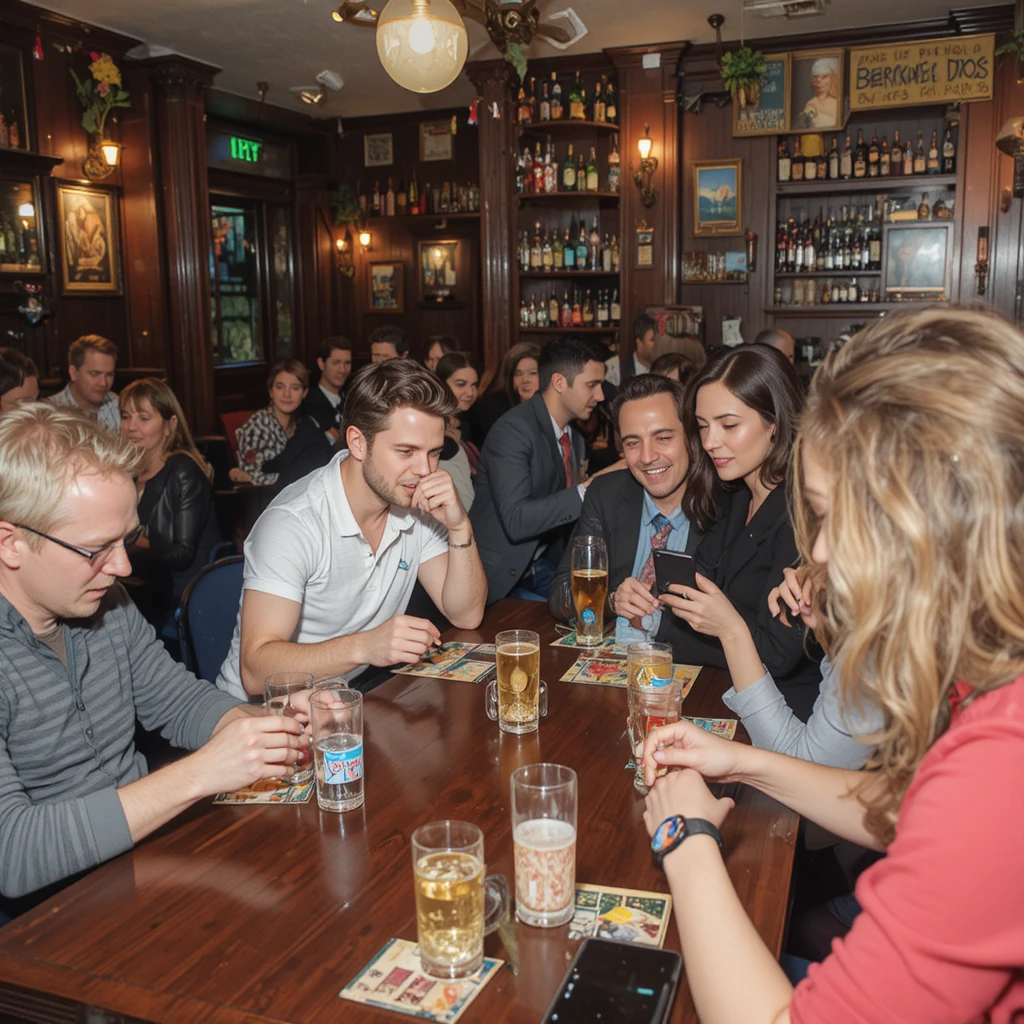 Einheimische versammeln sich zur wöchentlichen Pub-Quiz-Nacht in belebter Bar