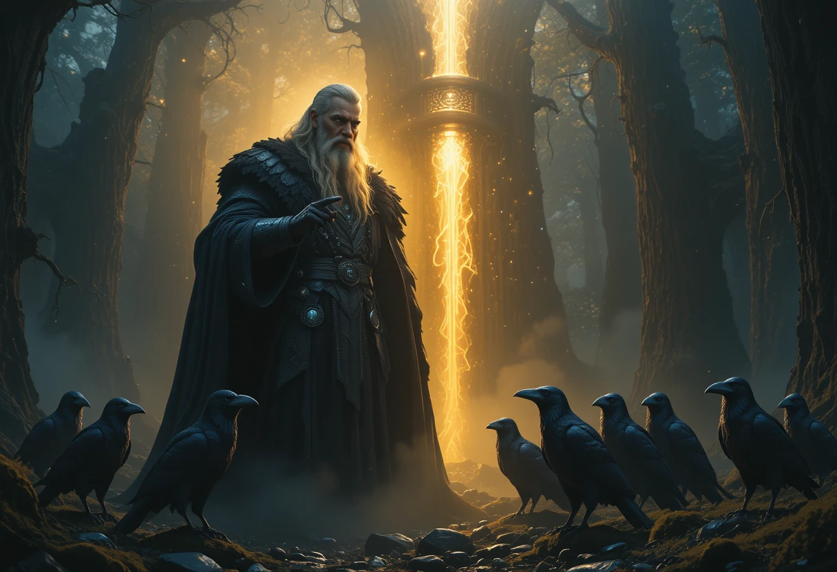 Odin, der aus einem nebligen Wald mit Wächter-Raben hervortritt