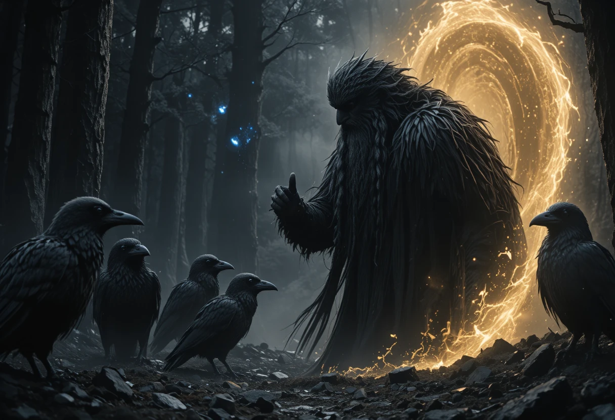 Odin invocando uma fenda dourada em uma floresta sombria