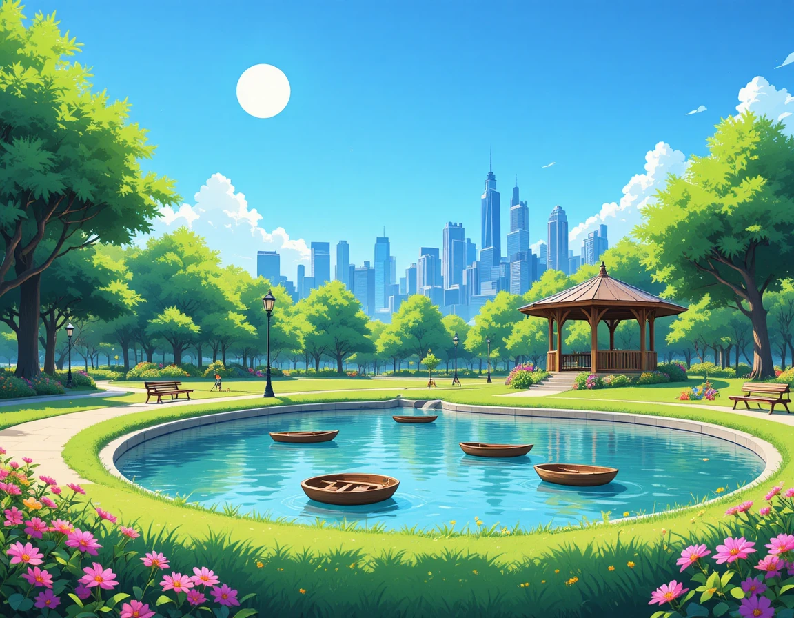 Illustrazione di un tranquillo parco cittadino con laghetto e skyline