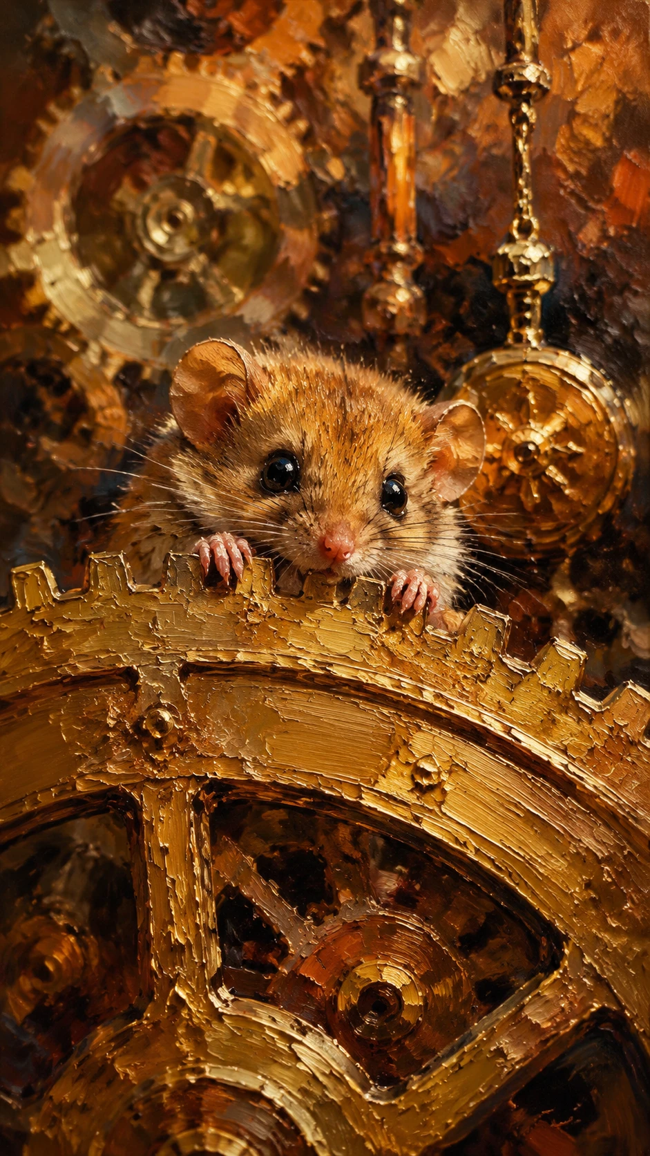 Pintura de Esquilo-Dorminhoco Fantasioso em Engrenagem Gigante de Relógio Dourado