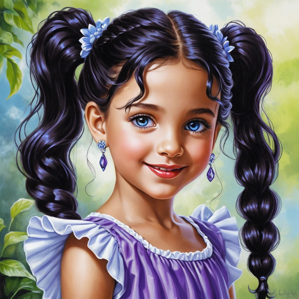 Menina sorridente de cabelo cacheado em vestido de verão roxo - ilustração