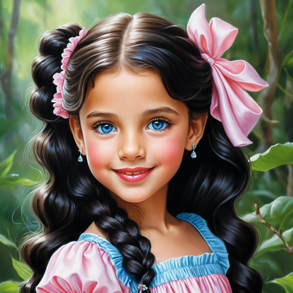 Ilustração de menina sorridente de olhos azuis em vestido de verão rosa