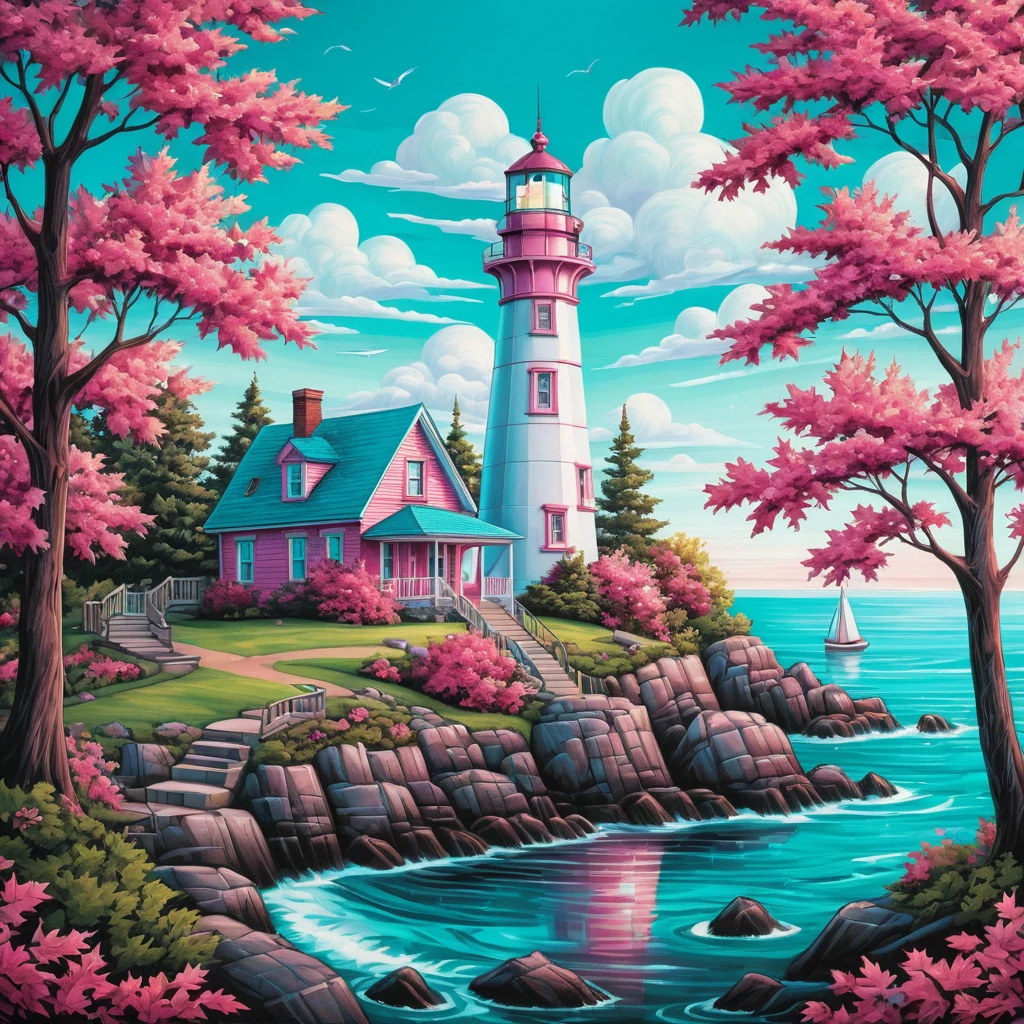 Close up cartoon lighthouse among summer forest trees