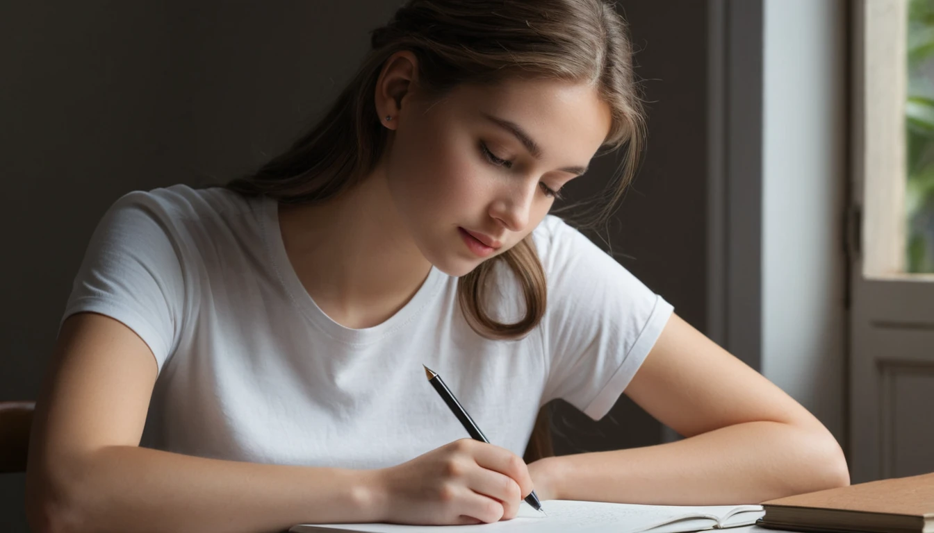Young woman writing intensely at a shadowed desk