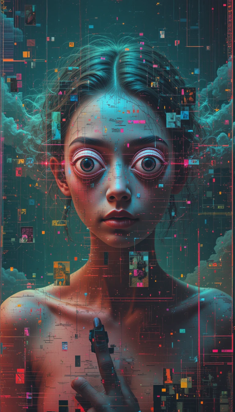 Arte glitch neon com canais RGB distorcidos e figura de CD