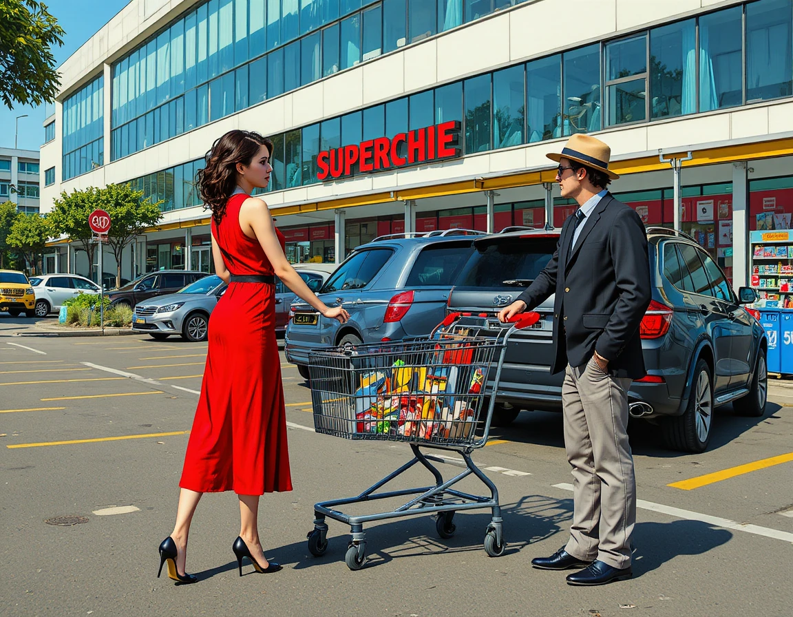 Mulher asiática de vestido vermelho ao lado de carrinho em estacionamento de supermercado