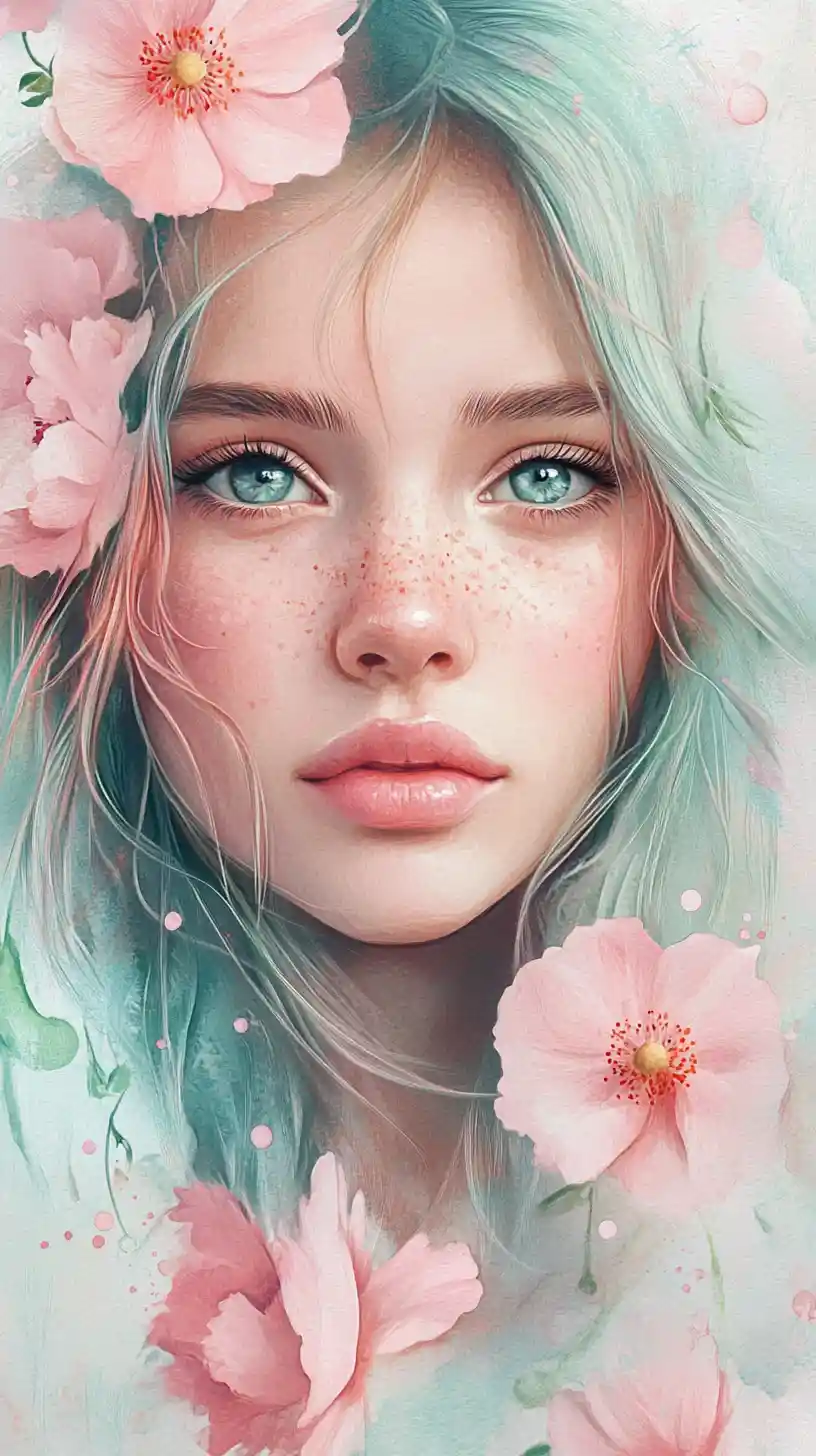 Garota sonhadora de cabelo menta e rosa com flores em aquarela