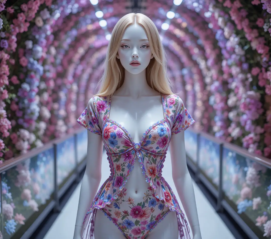 Blonde model in wild floral dress on vibrant runway