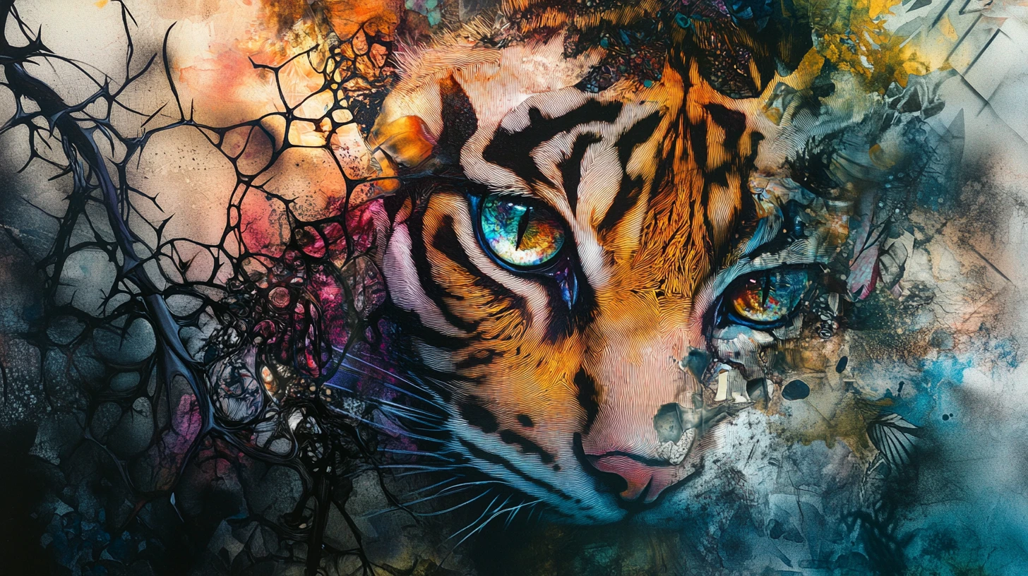 Retrato surreal de gato em tela abstrata espinhosa com padrão de tigre