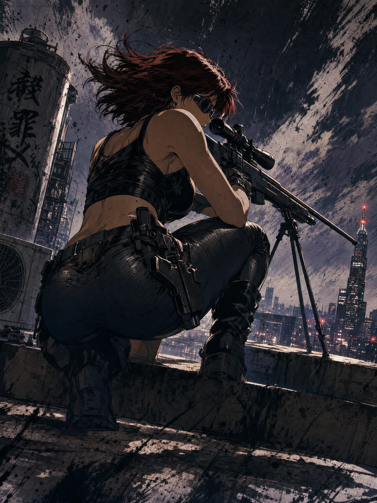 Sniper feminina de anime mirando do topo de um prédio na cidade escura
