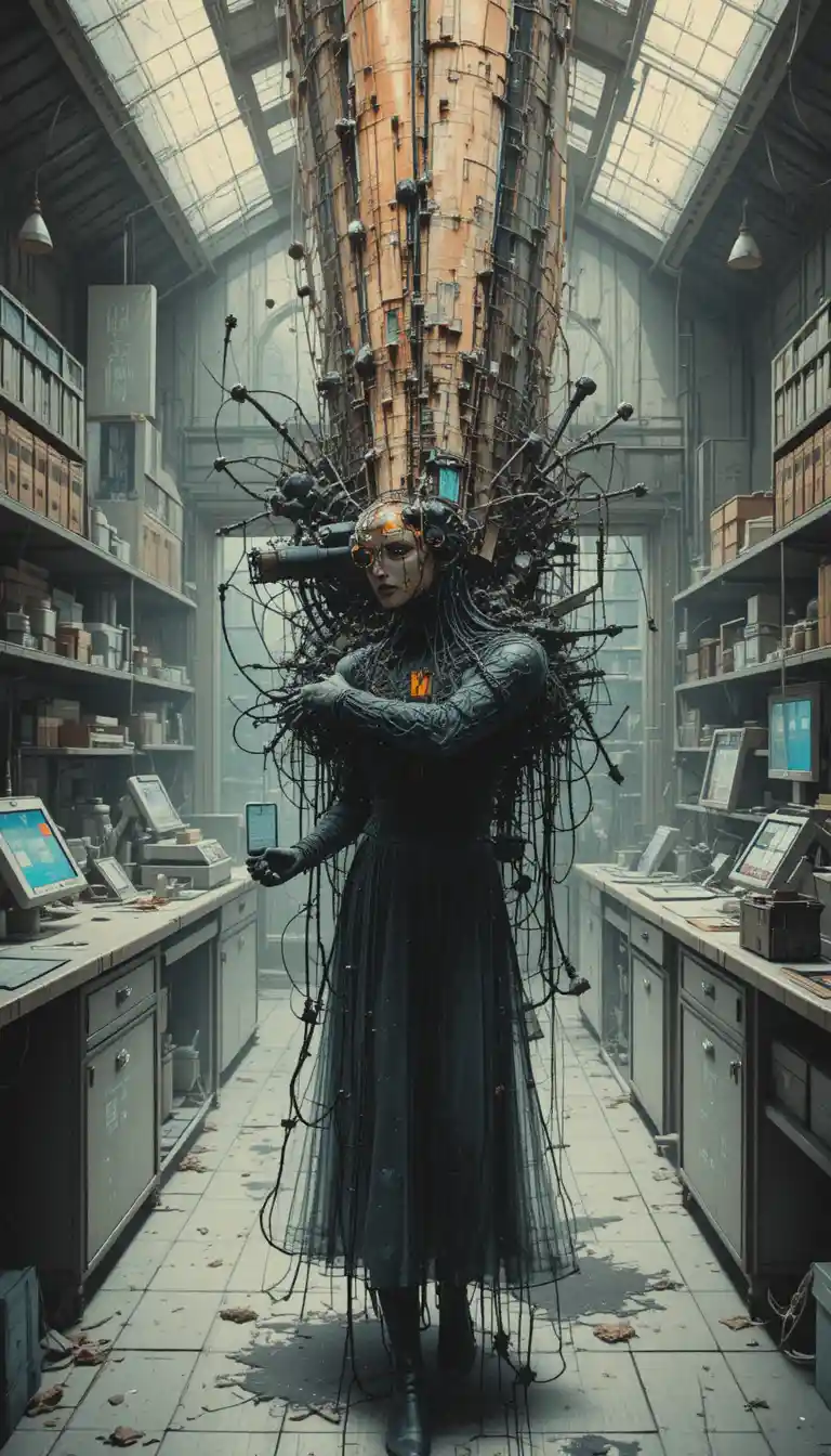 Laboratório abstrato surreal com estética glitch caótica