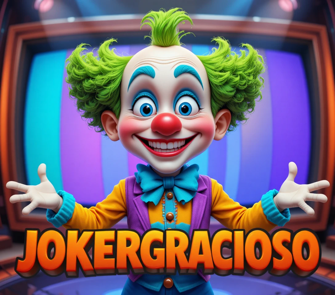 Palhaço fofinho em desenho animado com fundo colorido de teste de TV