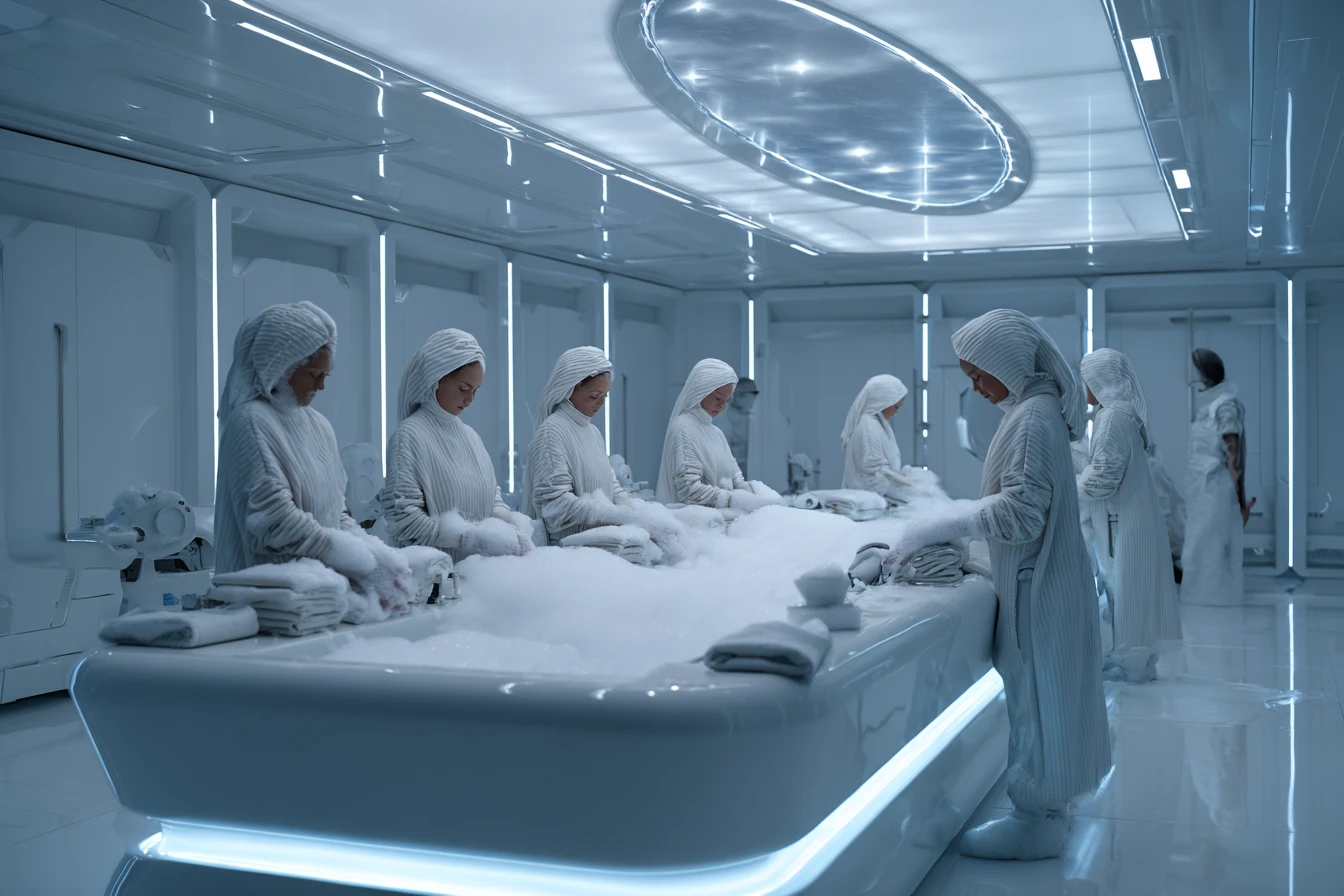 Equipaggio femminile che si fa la doccia in un luminoso bagno di astronave sci‑fi
