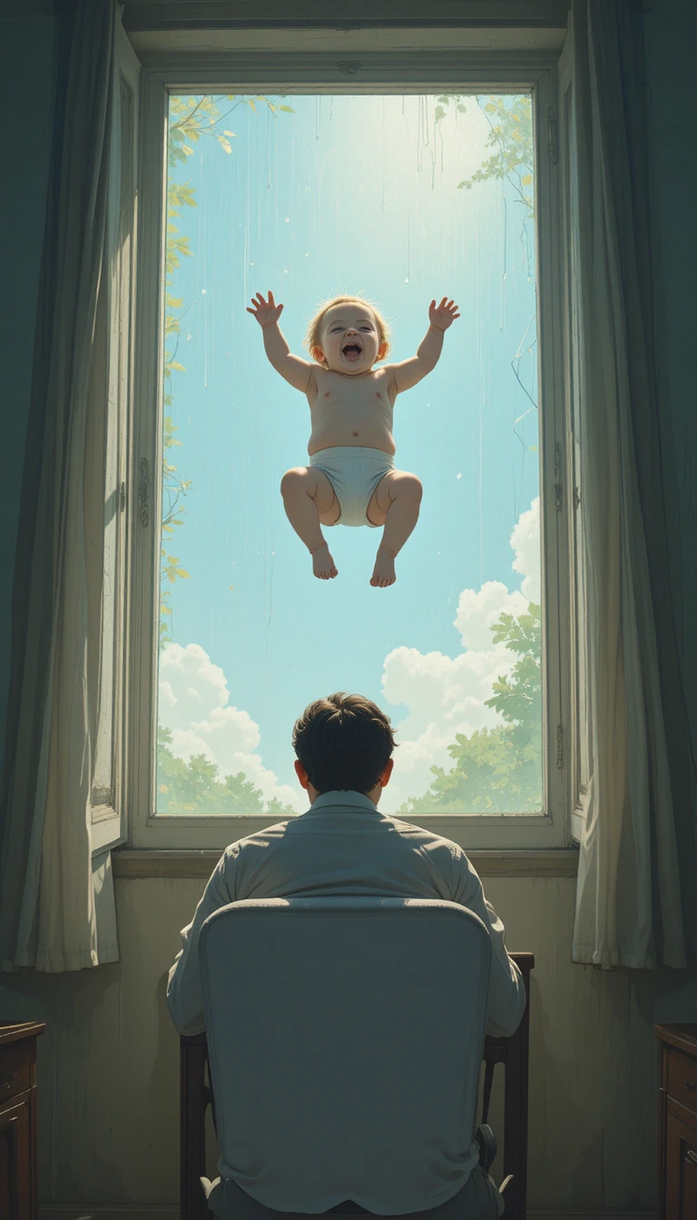 Drammatica illustrazione 2D di un bambino che cade verso l’uomo sottostante