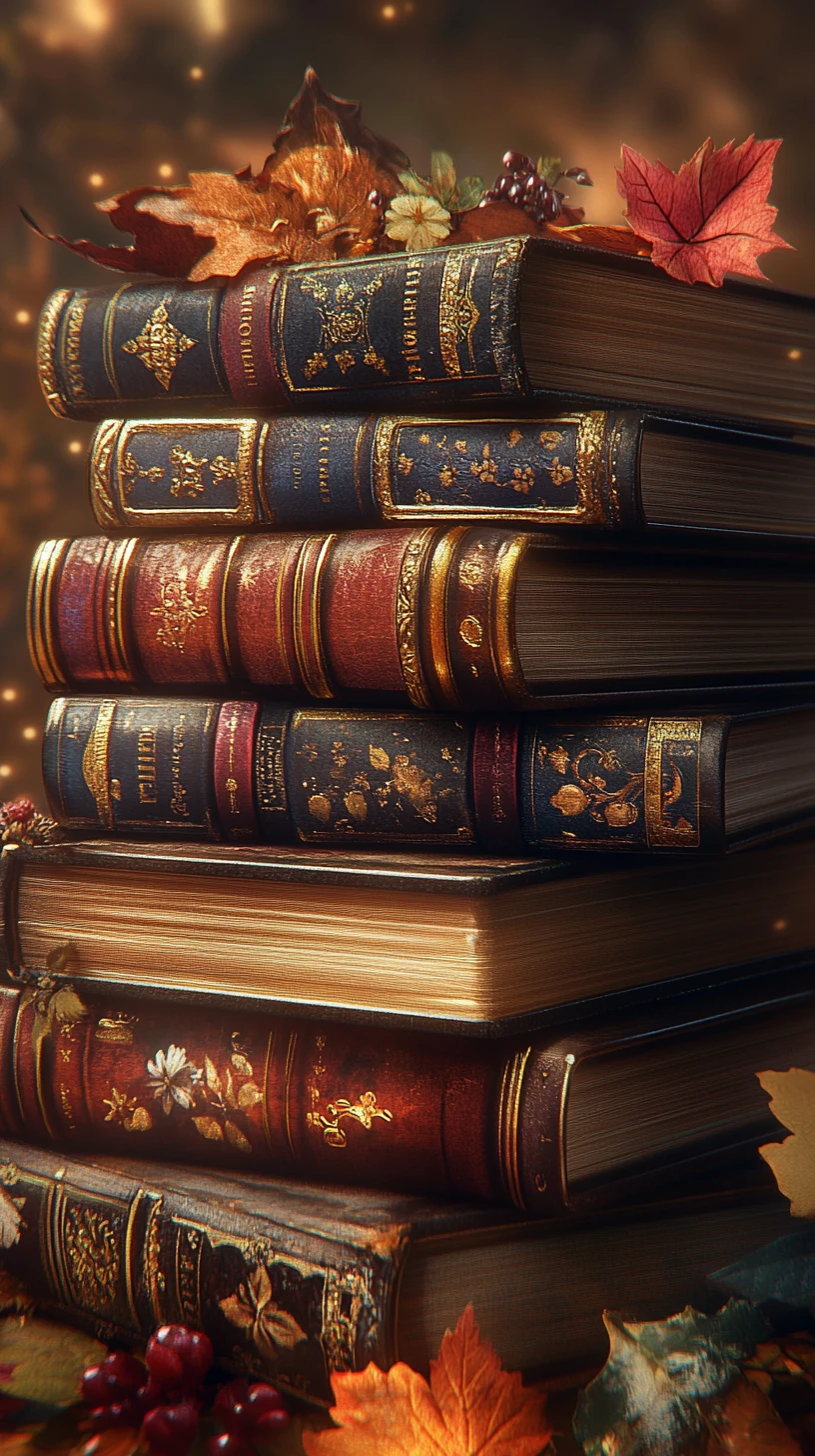 Pilha de livros mágicos mudando ao longo das quatro estações