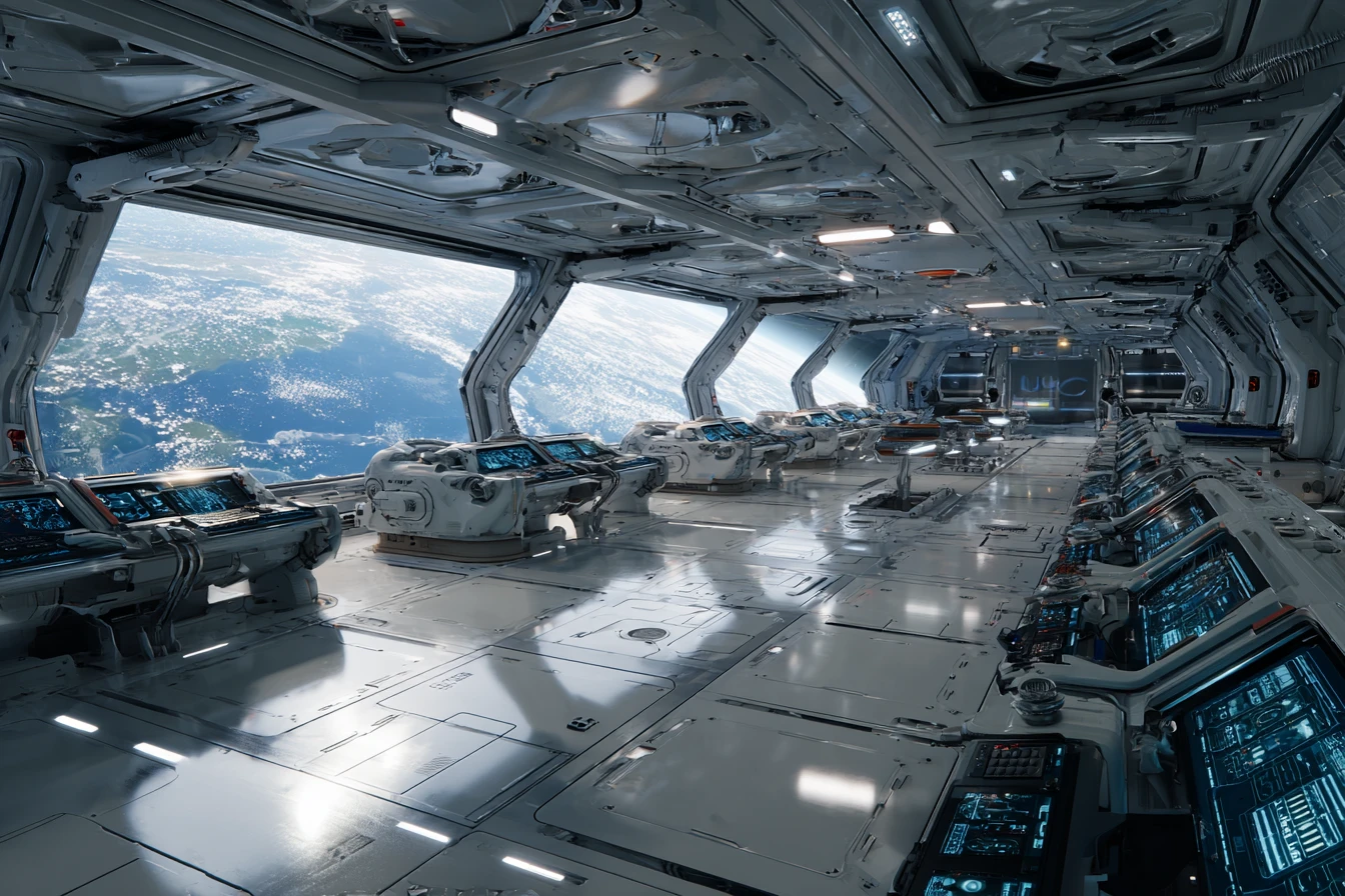 Soldadas em um deck de observação iluminado de nave espacial