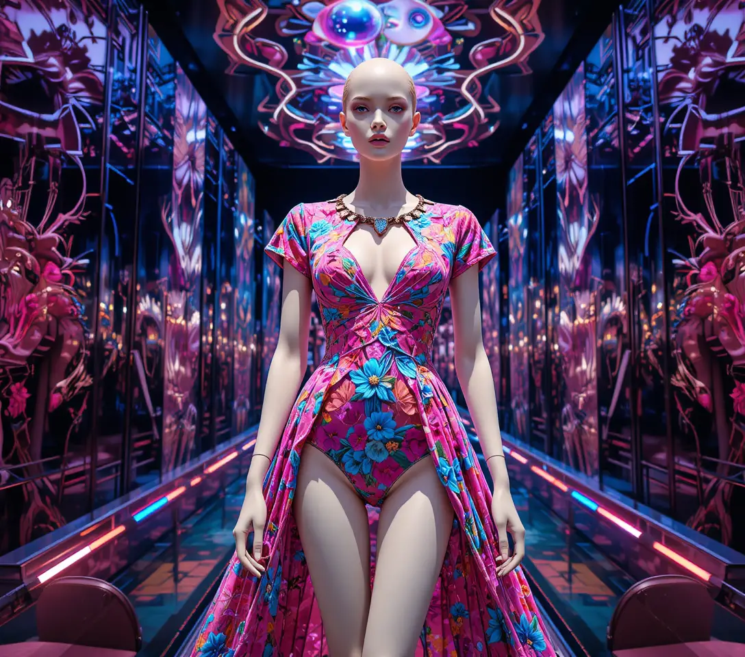 Blonde model in floral runway dress with neon glow