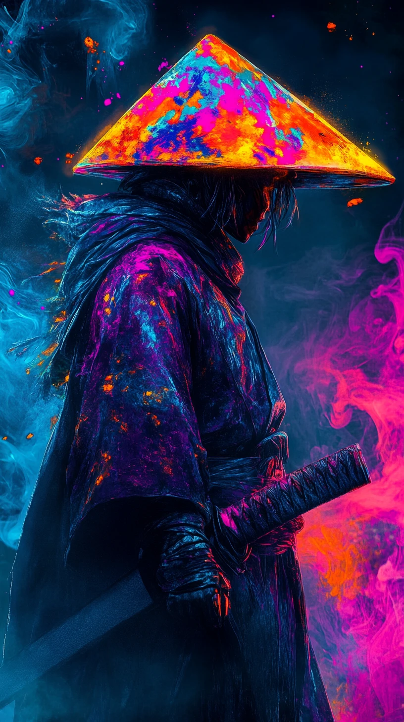 Samurai com manto de néon em névoa abstrata em espiral
