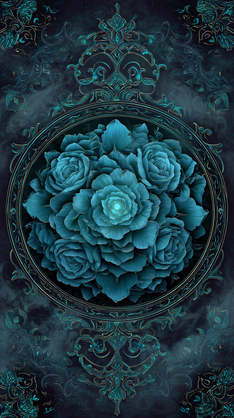 Mandala de Rose Turquoise avec Centre Lumineux sur Fond Sombre