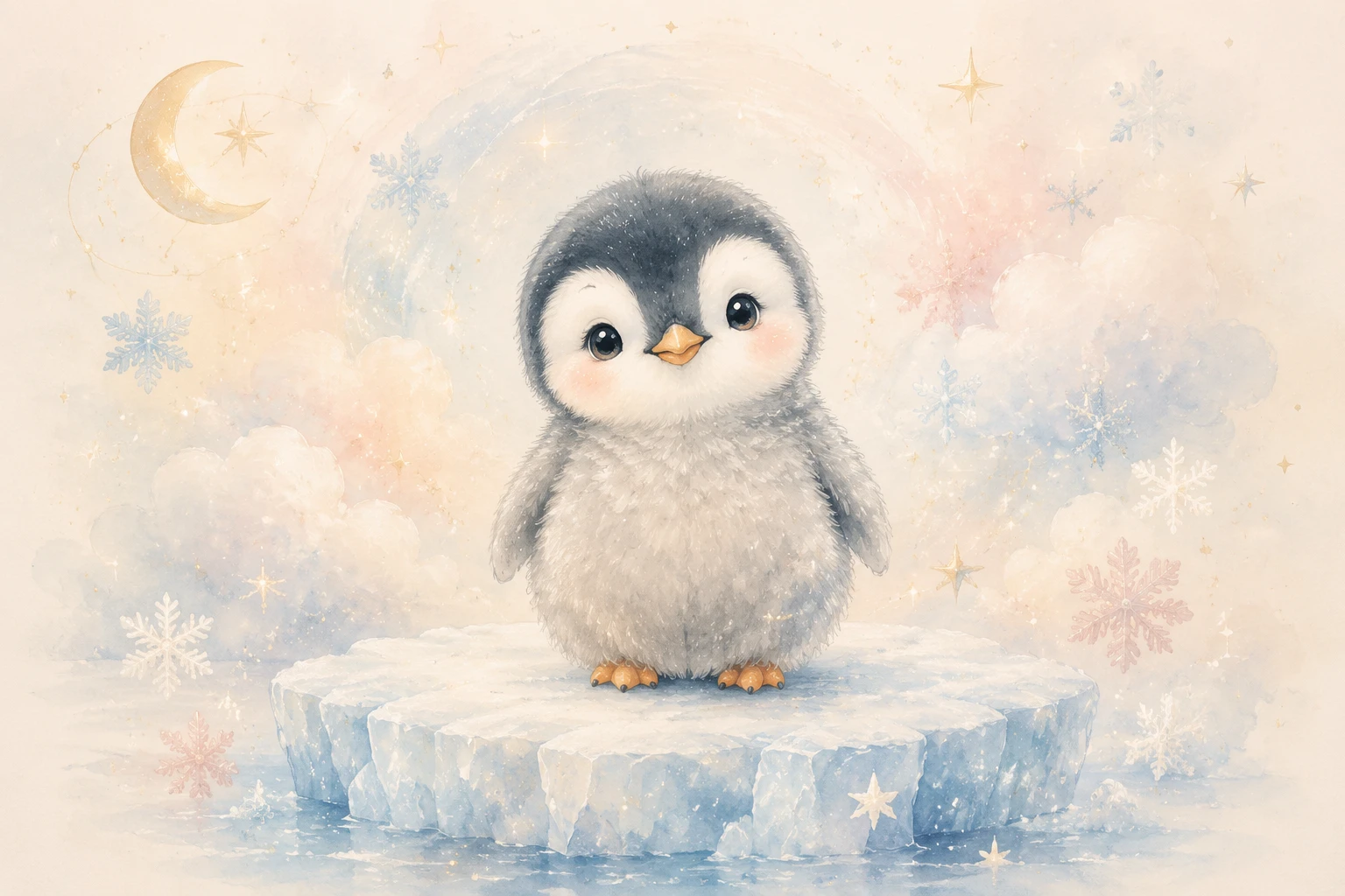 Dolce Illustrazione di Baby Pinguino per Cameretta su Soffice Lastra di Ghiaccio