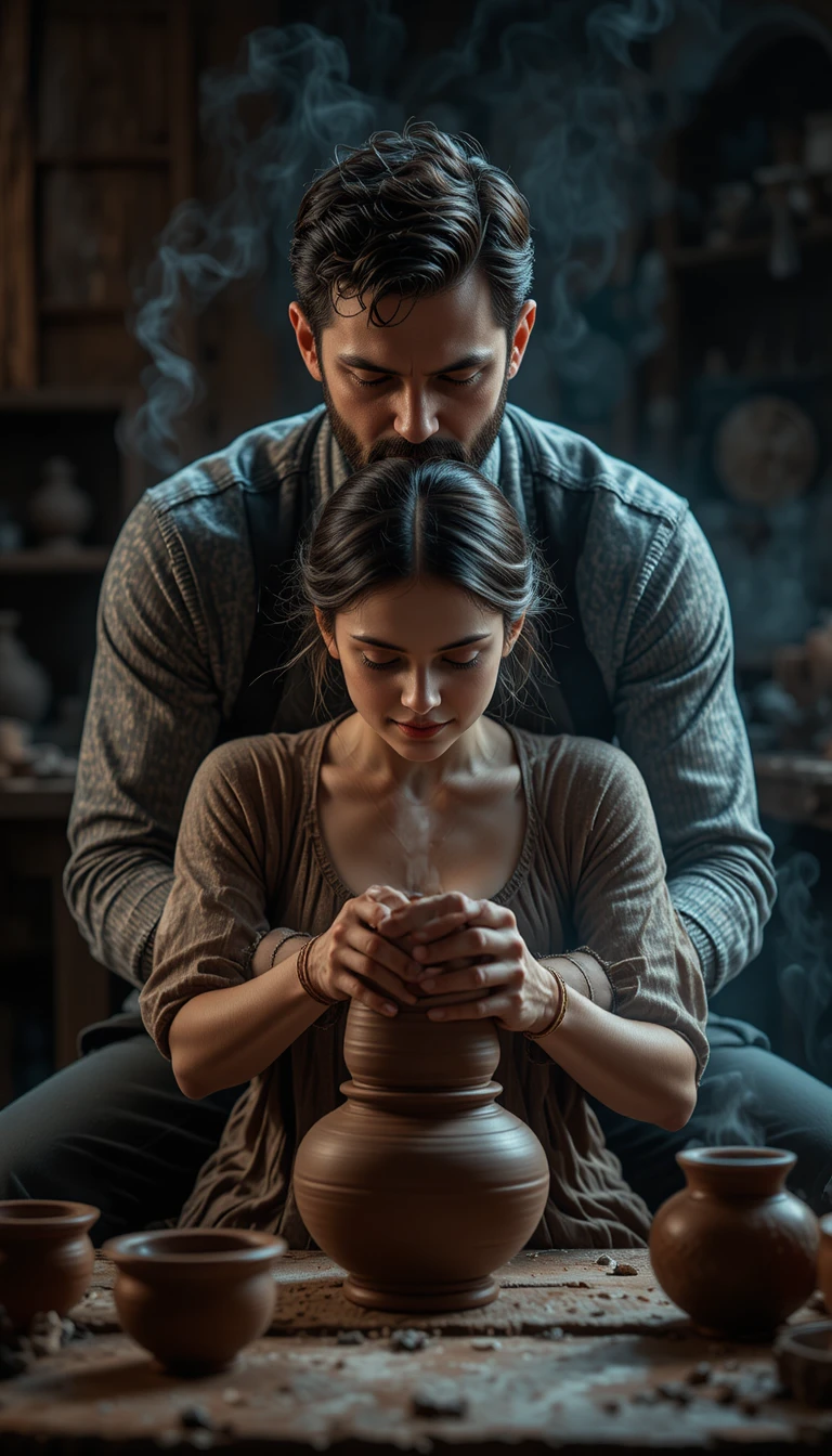 Casal moldando argila juntos em uma mesa de cerâmica na escuridão