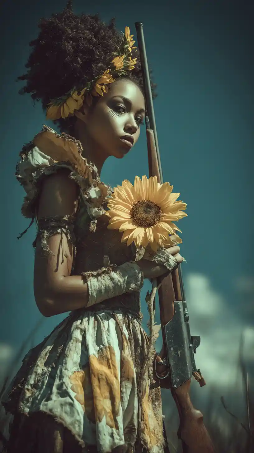Guerriera afrofuturista con fucile-girasole in un mondo surreale